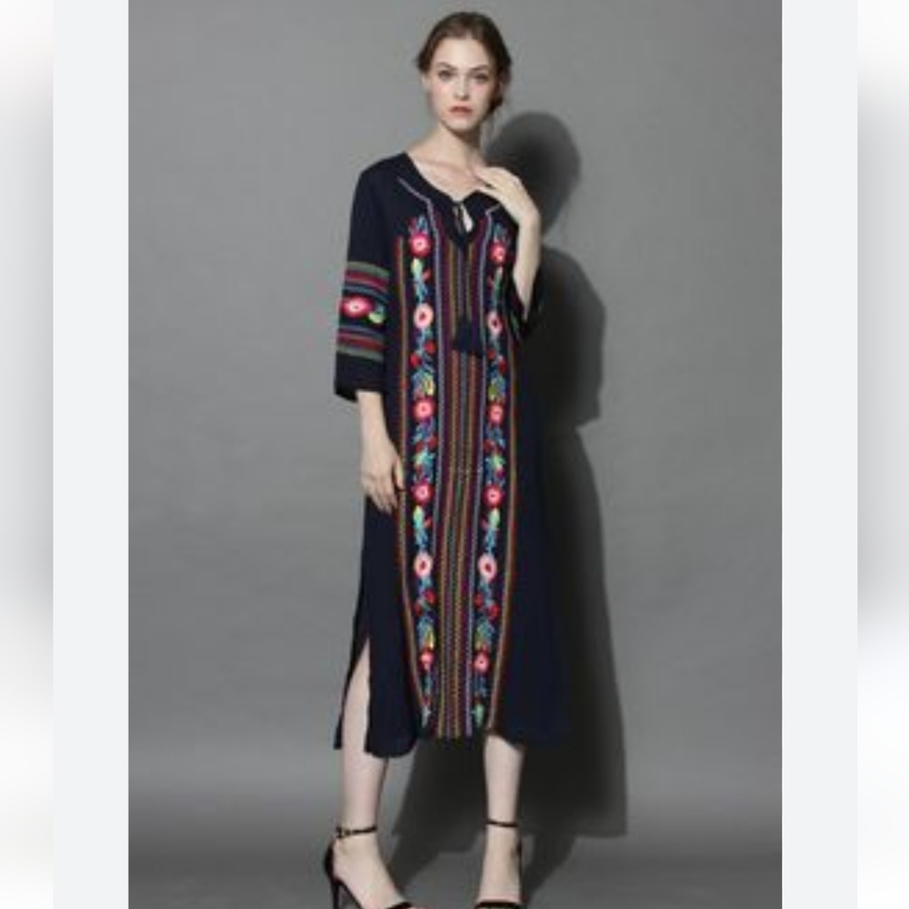 BOHO BLOSSOM MAXI CREPE DRESS IN NAVY with EMBROIDERY